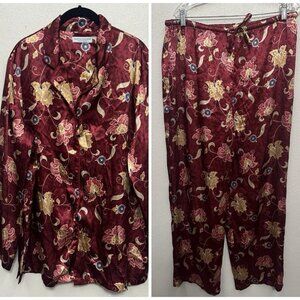Vtg Valerie Stevens women's satin pajama set L long sleeve pants Burgundy Floral